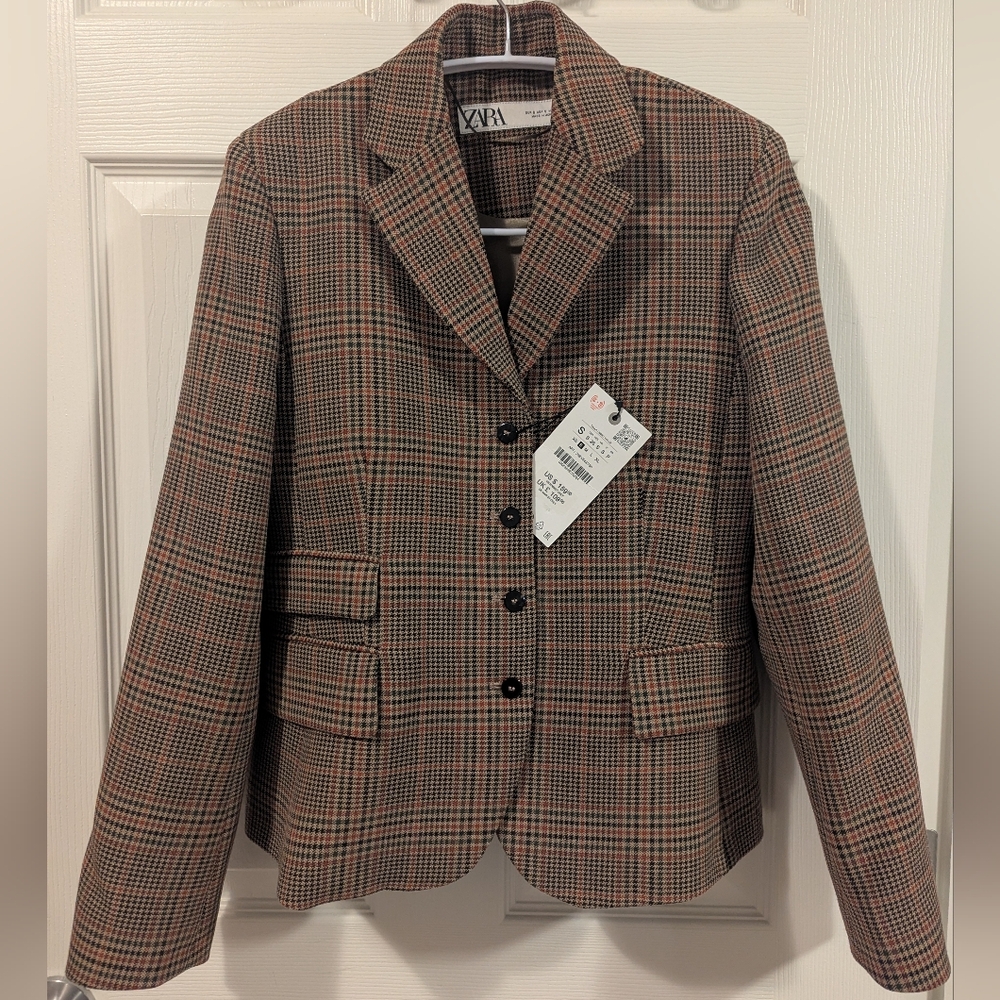 Zara Plaid Tweed Blazer - Brown and Black Small NWT